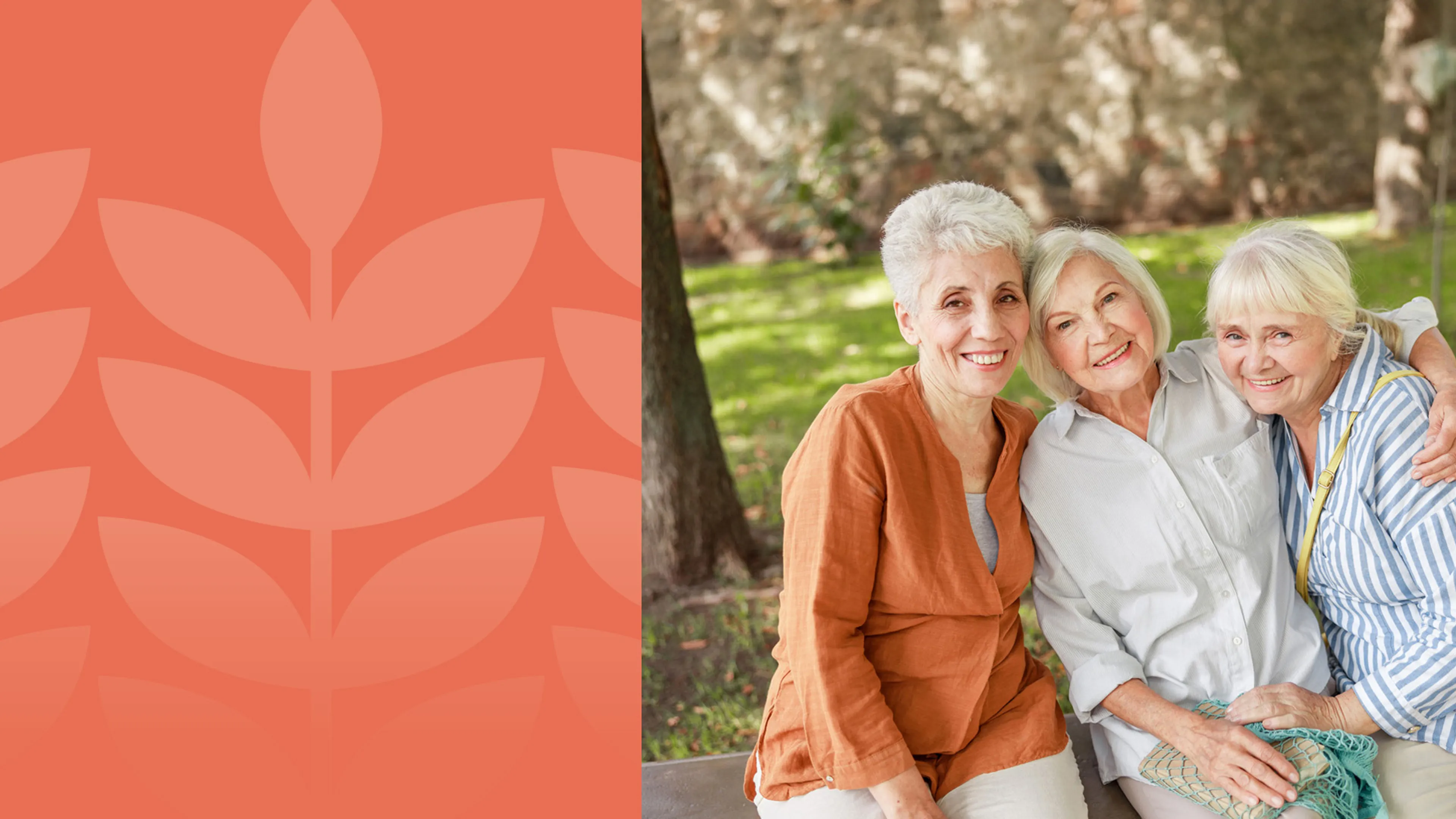 A group of senior ladies sit outside on a park bench smiling.