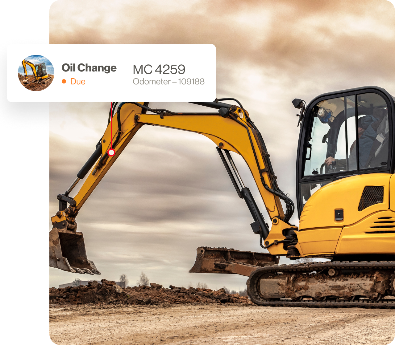Excavator with a maintenance alert.
