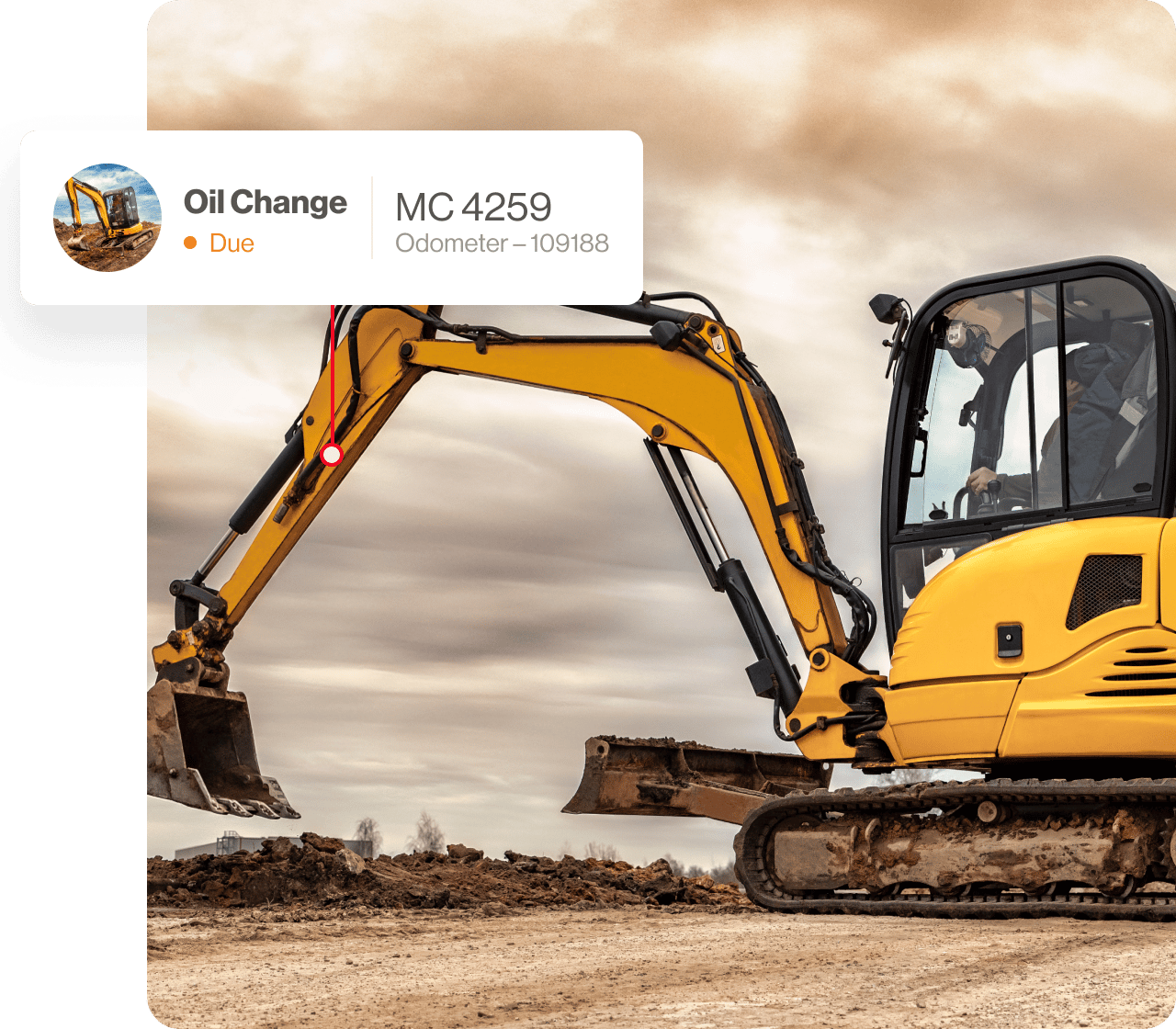 Excavator with a maintenance alert.
