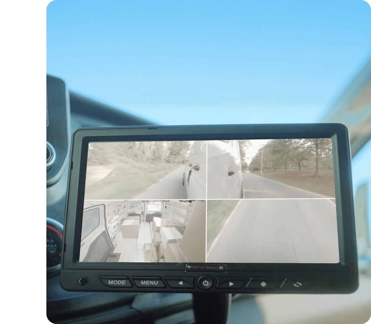 Monitor showing a four-way camera view.