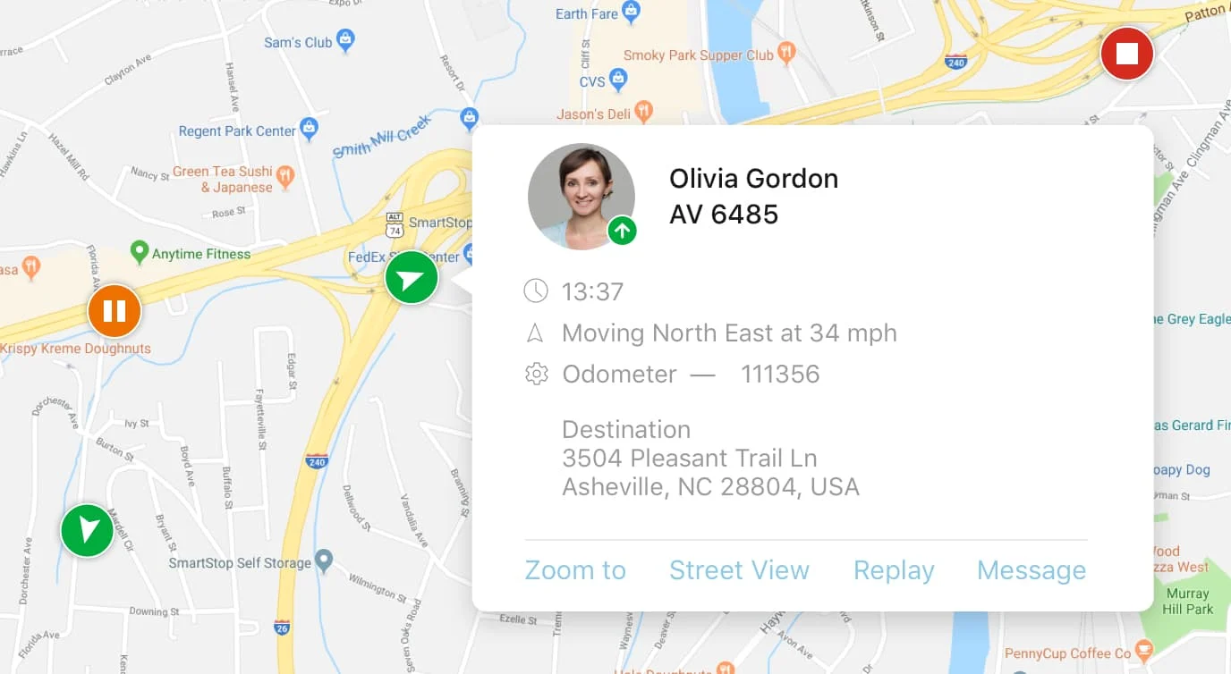 Map screen showing a vehicle's live location and driver information.