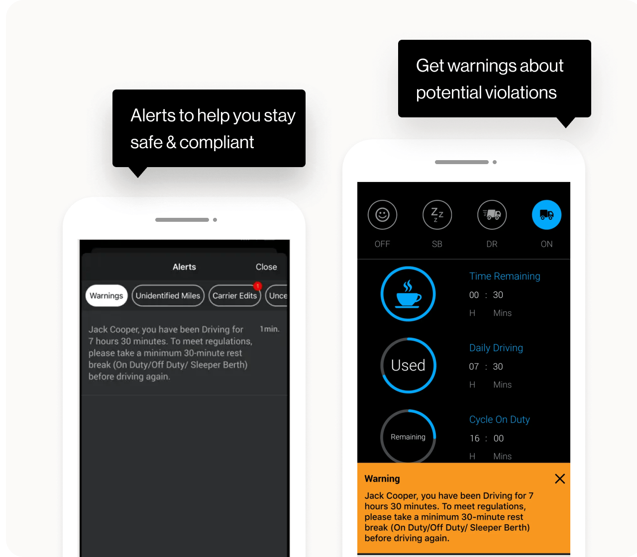 Mobile phone screens with HOS alerts.