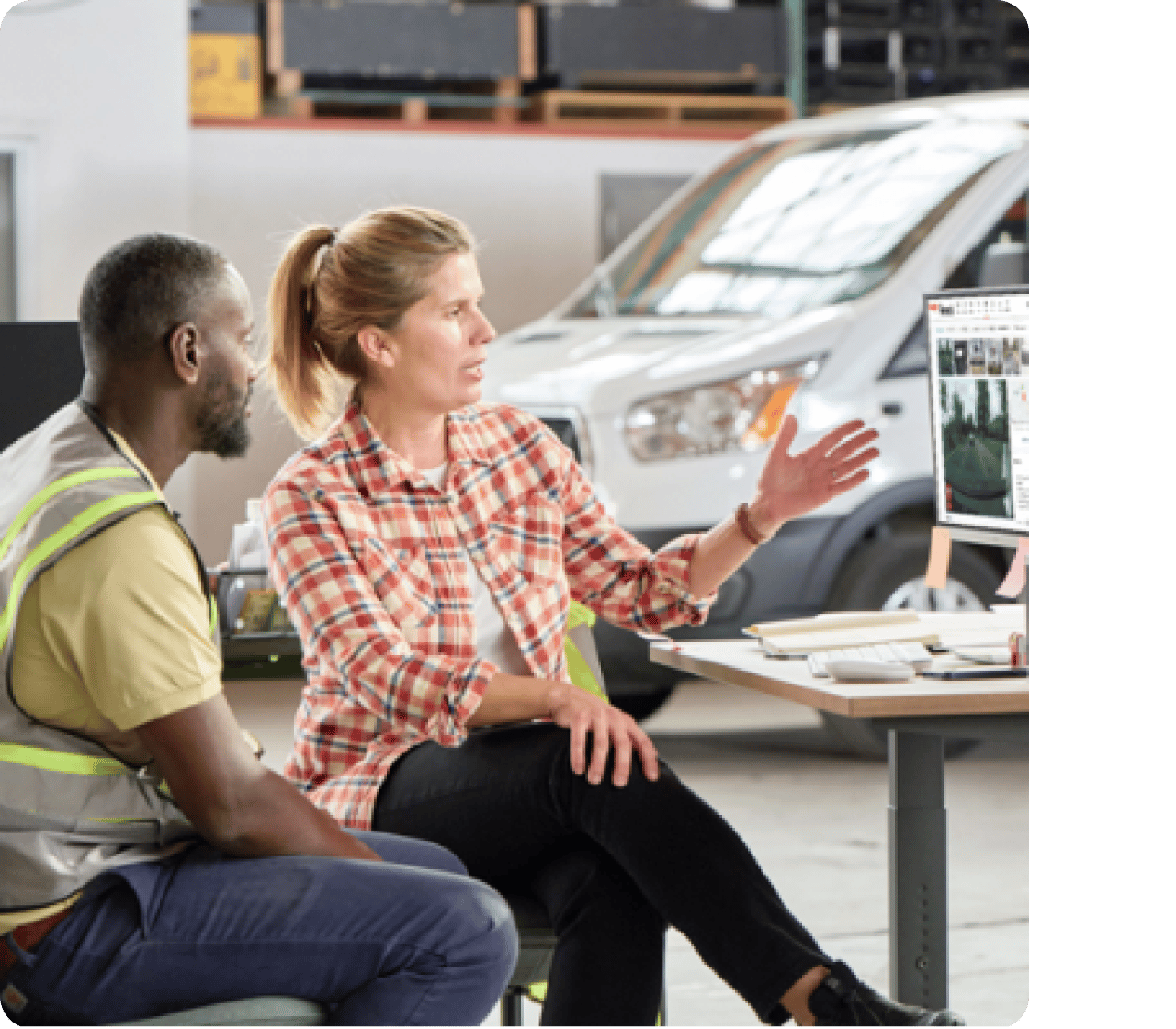 Manager coaching a driver using a computer screen.