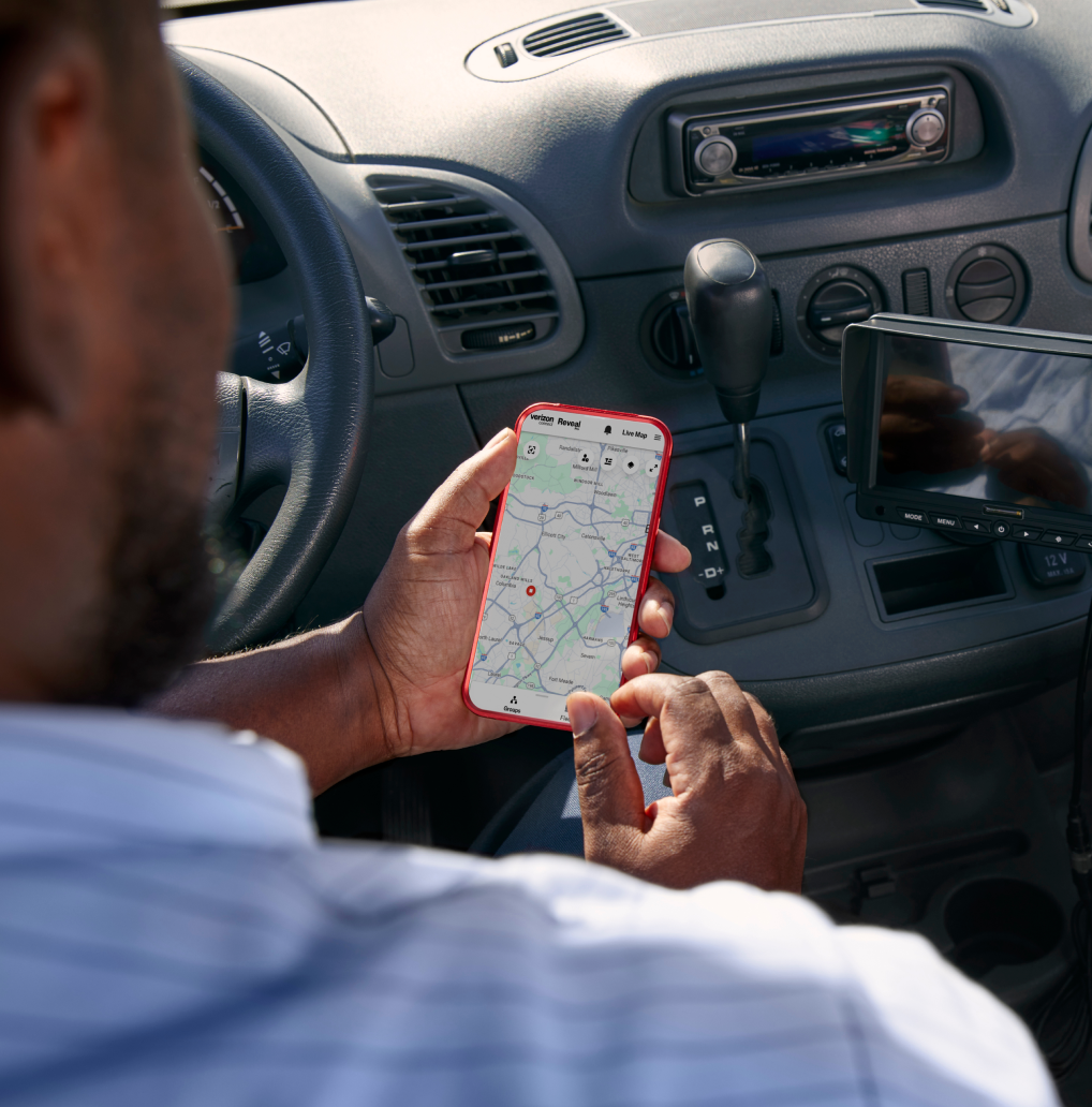 Tablet screen showing a map with vehicle locations.