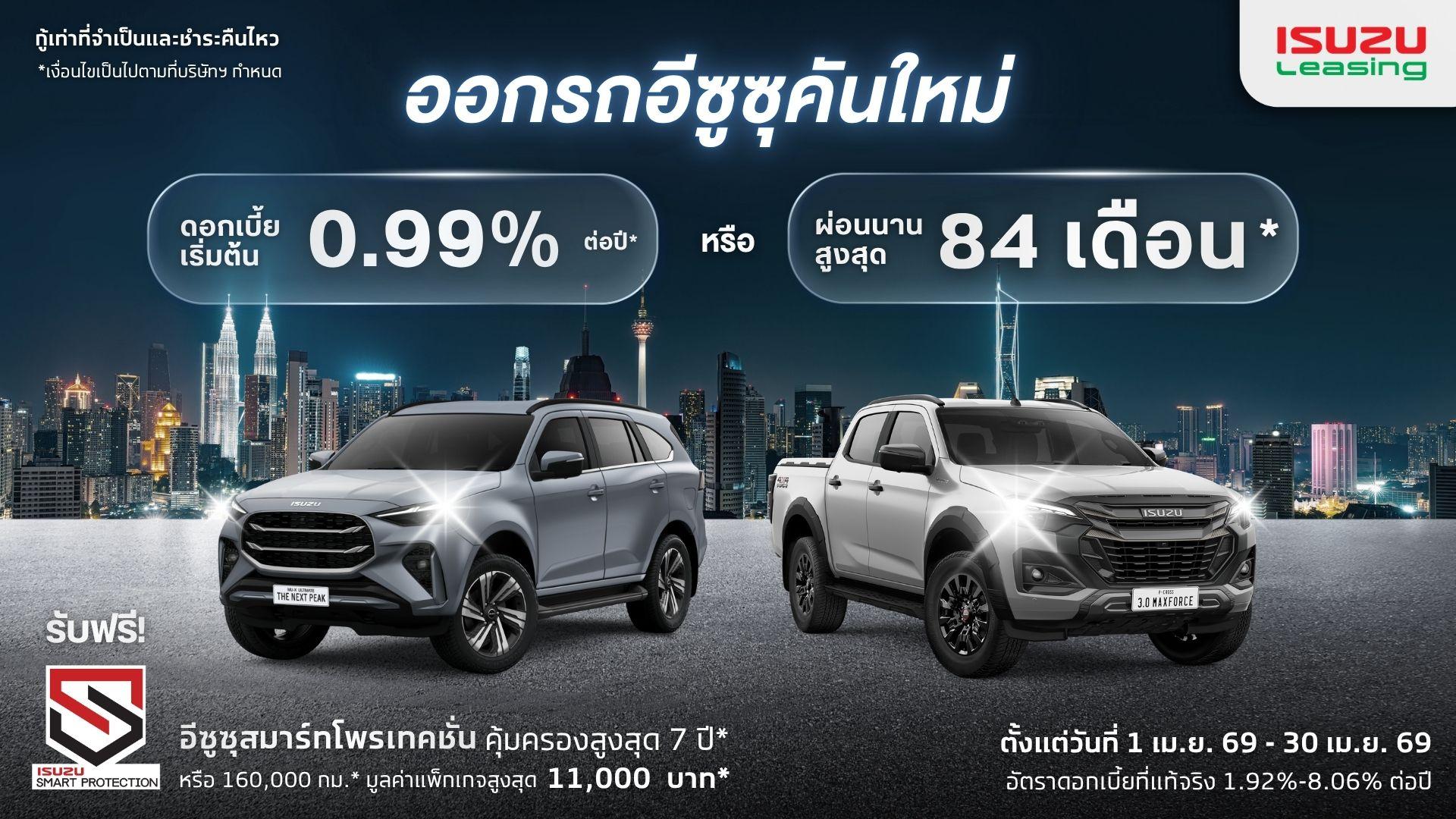 อัตราดอกเบี้ยพิเศษจากอีซูซุลิสซิ่ง สำหรับรถปิกอัพอีซูซุดีแมคซ์ 4 ประตูและอีซูซุมิว-เอ็กซ์ทุกรุ่น