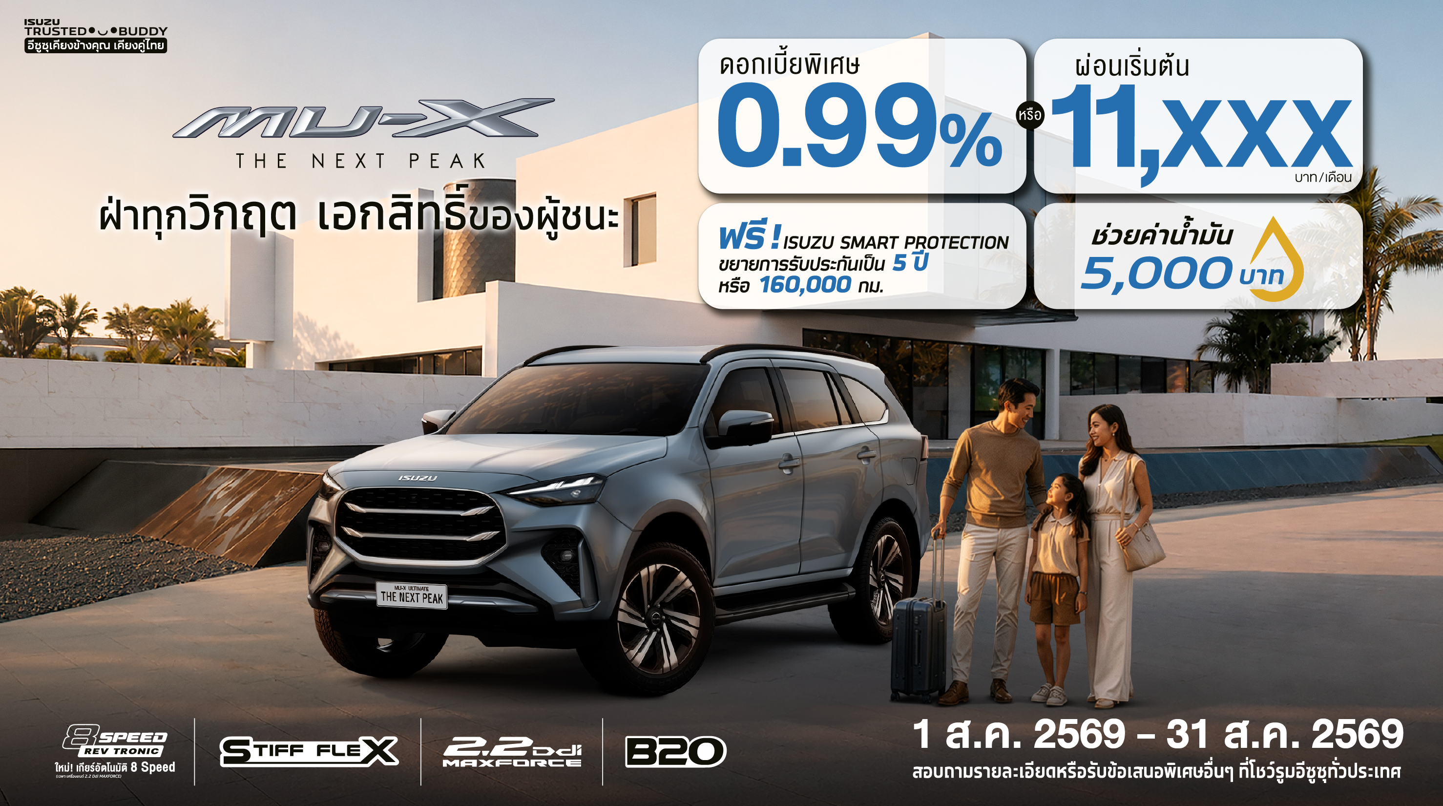 MU-X รุ่น ULTIMATE, รุ่น ELEGANT และ รุ่น ACTIVE ดอกเบี้ยพิเศษ 0.99% หรือ ผ่อนเริ่มต้น 11,xxx บาท/เดือน (สำหรับปีแรก) 