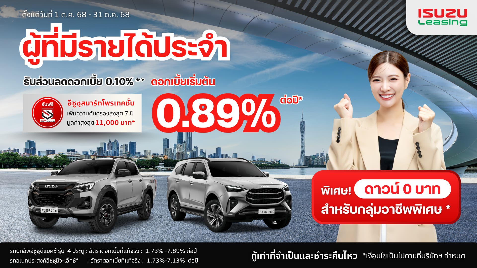 โปรพิเศษจากอีซูซุลิสซิ่ง สำหรับพนักงานที่มีรายได้ประจำ เมื่อออกรถปิกอัพอีซูซุดีแมคซ์ และมิว-เอ็กซ์
