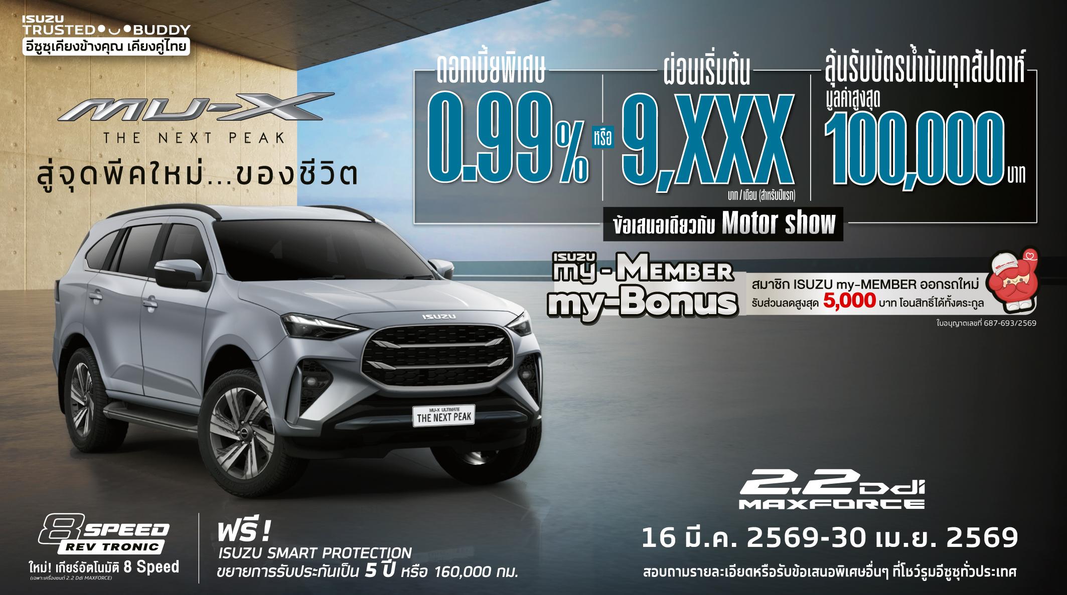 MU-X รุ่น ULTIMATE, รุ่น ELEGANT และ รุ่น ACTIVE ดอกเบี้ยพิเศษ 0.99% หรือ ผ่อนเริ่มต้น 9,xxx บาท/เดือน (สำหรับปีแรก) 