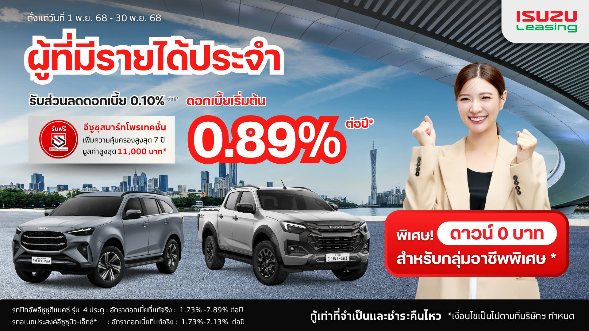 โปรพิเศษจากอีซูซุลิสซิ่ง สำหรับพนักงานที่มีรายได้ประจำ เมื่อออกรถปิกอัพอีซูซุดีแมคซ์ และมิว-เอ็กซ์