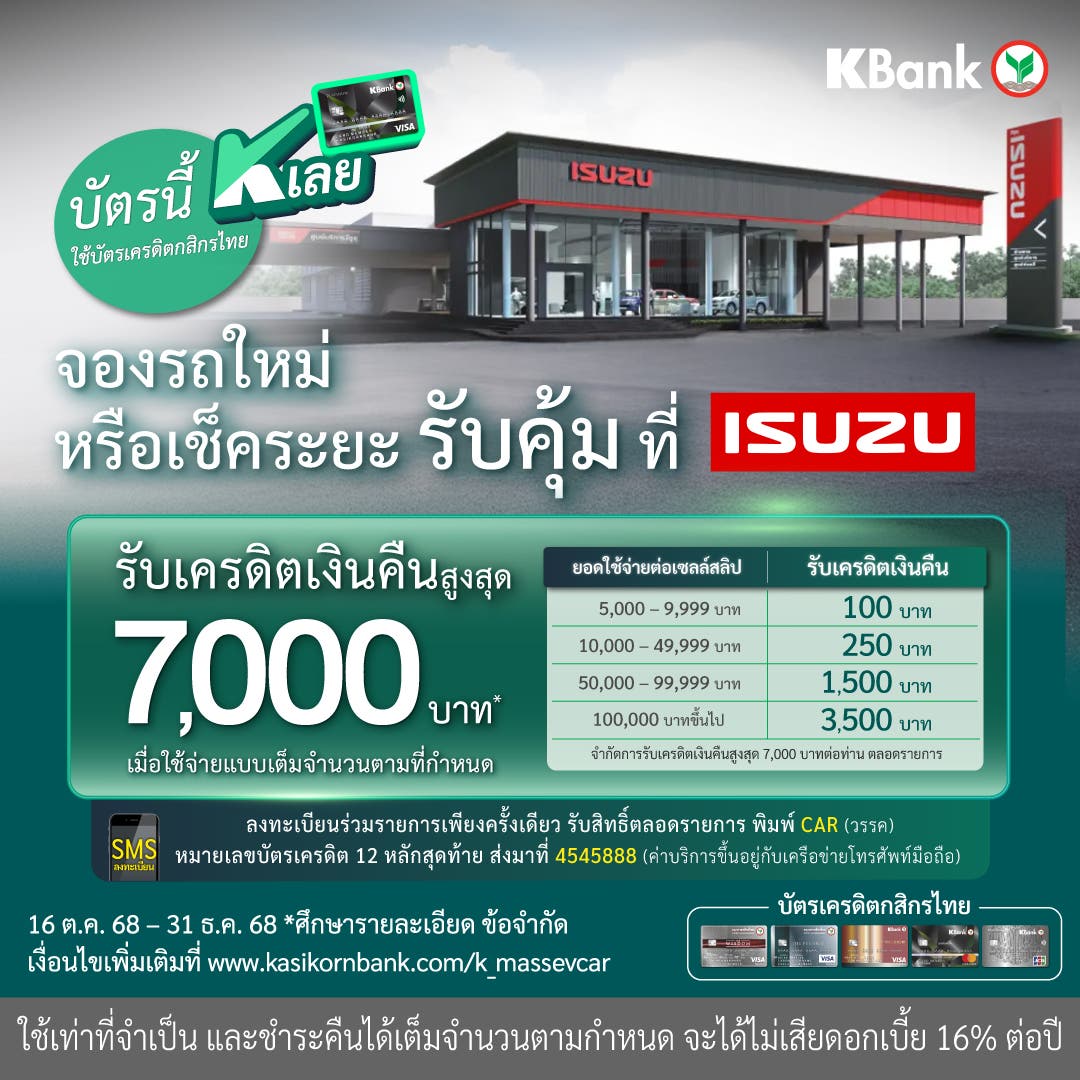 บัตรนี้ K เลย! จองรถใหม่ เข้าศูนย์อีซูซุ รับเครดิตเงินคืนสูงสุด 7,000 บาท