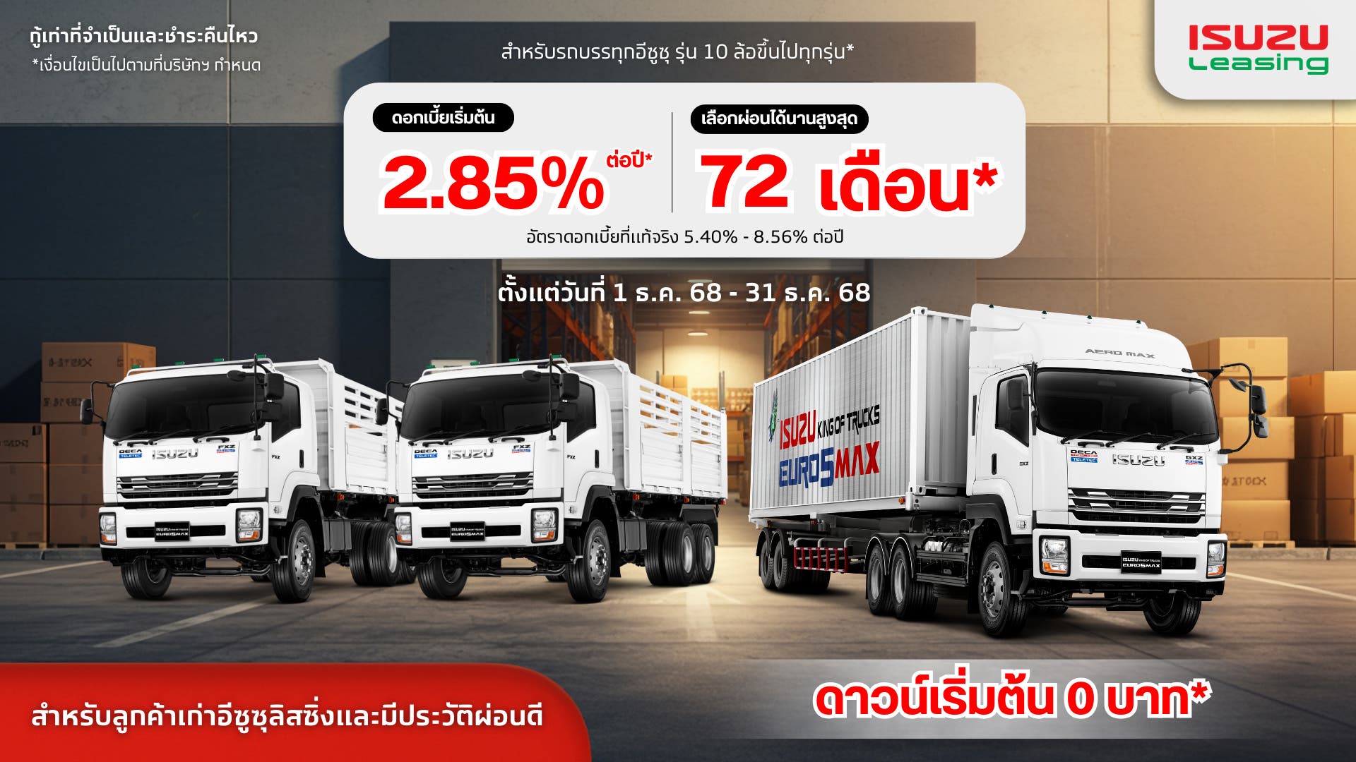 ดอกเบี้ยเริ่มต้น 2.85% ต่อปี สำหรับรถบรรทุกอีซูซุ รุ่น 10 ล้อขึ้นไปทุกรุ่น