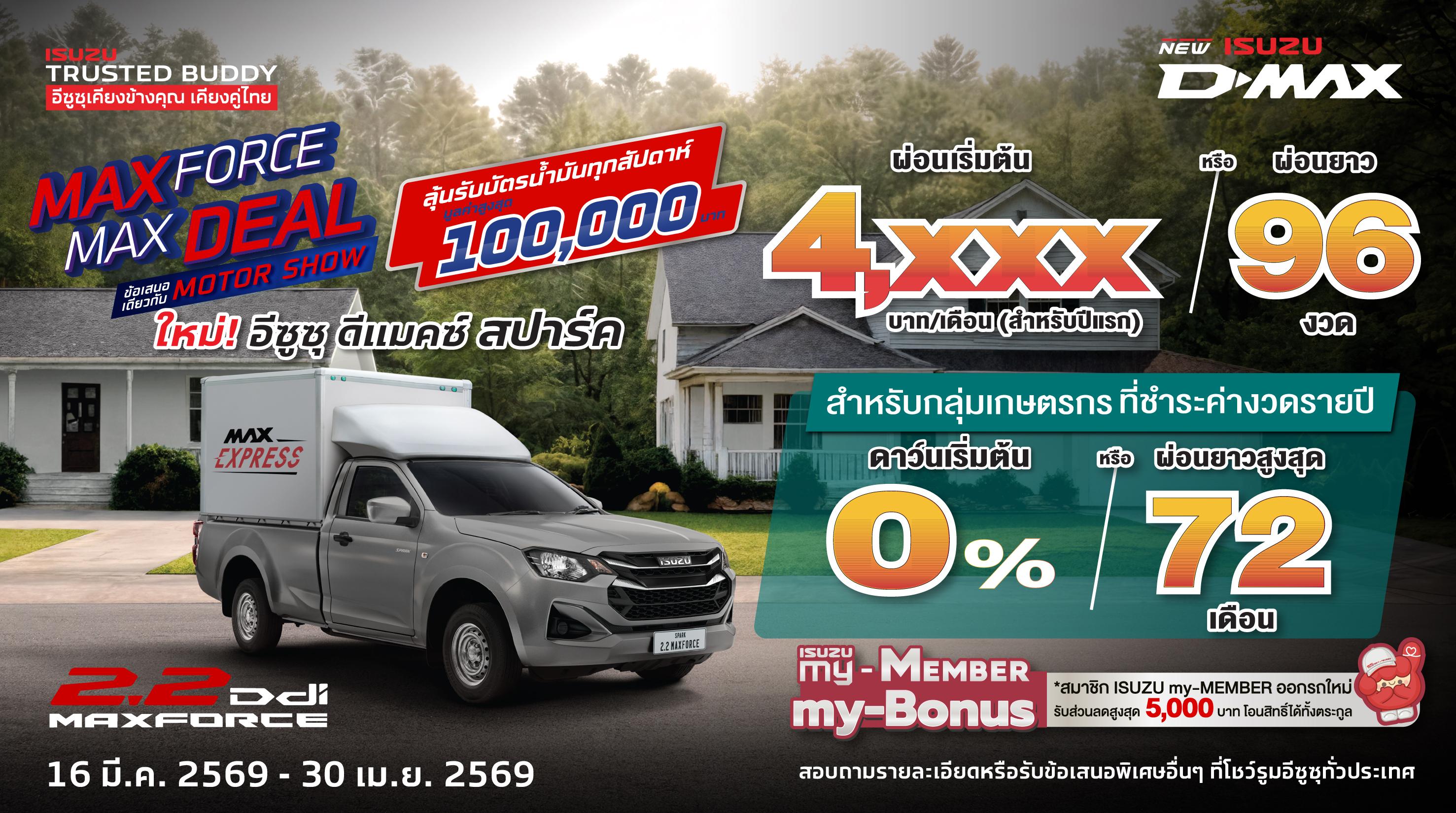 ใหม่! อีซูซุ ดีแมคซ์ สปาร์ค ผ่อนเริ่มต้น 4,xxx บาท/เดือน (สำหรับปีแรก) หรือ ผ่อนยาว 96 งวด สำหรับกลุ่มเกษตรที่ชำระค่างวดรายปี ดาว์นเริ่มต้น 0% หรือ ผ่อนยาว 72 เดือน