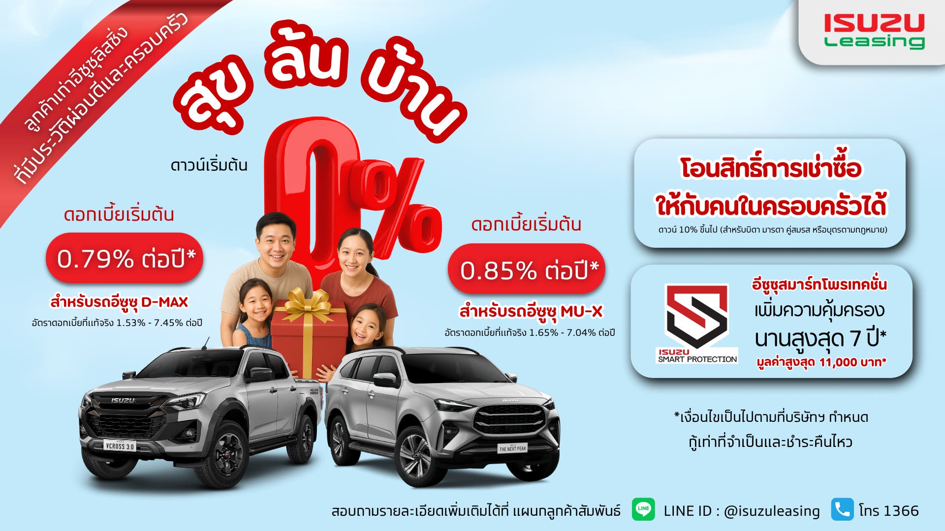 สุข ล้น บ้าน!  สิทธิพิเศษสำหรับลูกค้าเก่าอีซูซุลิสซิ่งที่มีประวัติผ่อนดีและครอบครัว