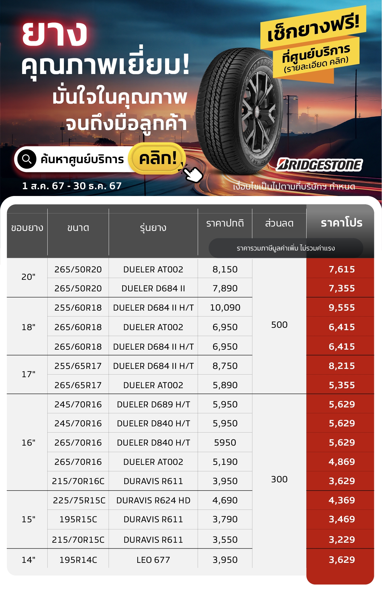 ตารางแสดงราคายางสำหรับรถอีซูซุยี่ห้อ Bridgestone ขนาดขอบยาง 20นิ้ว 18นิ้ว 17นิ้ว 16นิ้ว 15นิ้ว 14นิ้ว