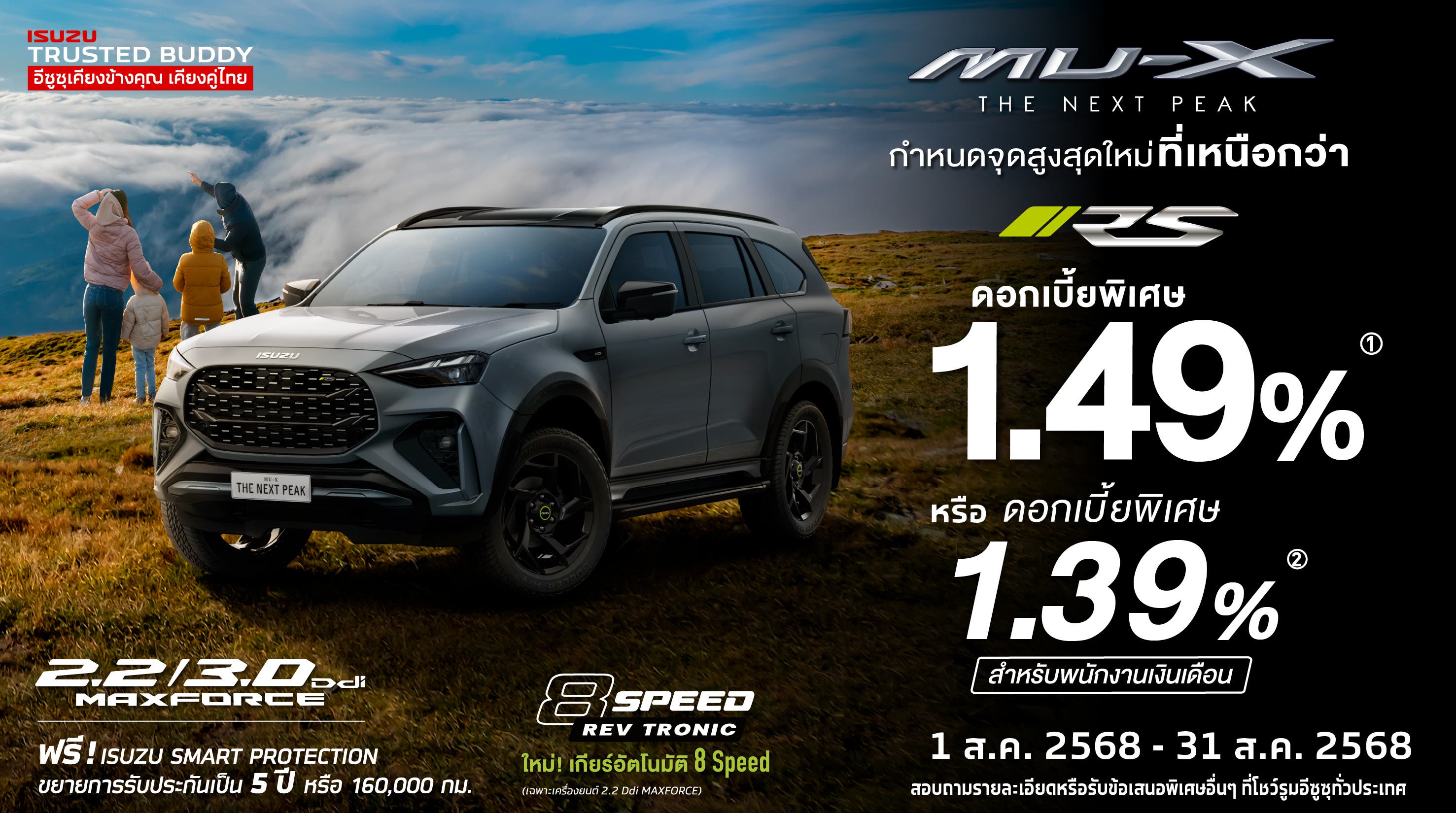 MU-X "THE NEXT PEAK" รุ่น RS ดอกเบี้ยพิเศษ 1.49% และ ดอกเบี้ยพิเศษ 1.39% สำหรับพนักงานเงินเดือน