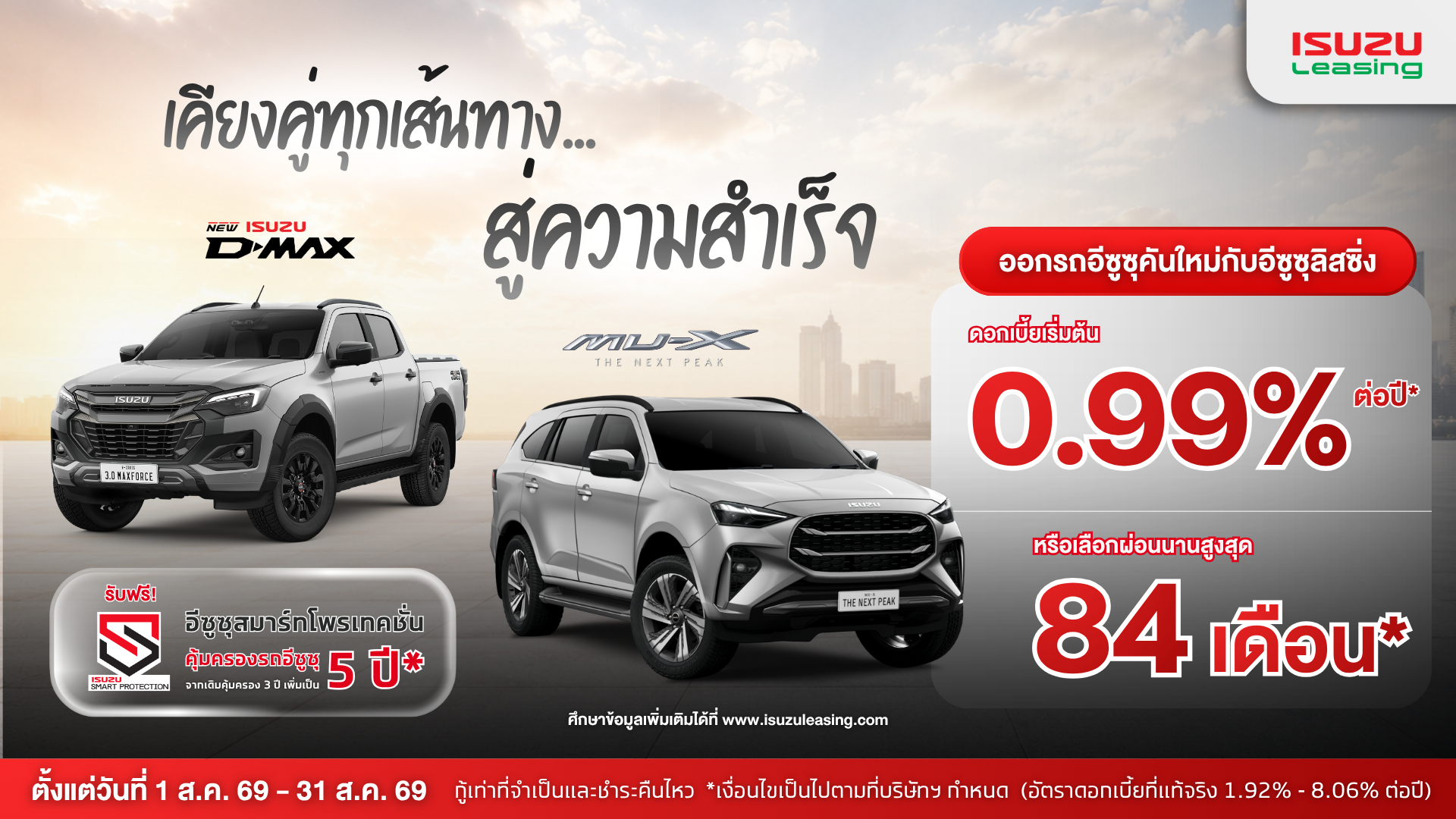 ออกรถอีซูซุคันใหม่ ดอกเบี้ยเริ่มต้น 0.99% ต่อปี* เข้าศูนย์บริการได้ทั่วประเทศ