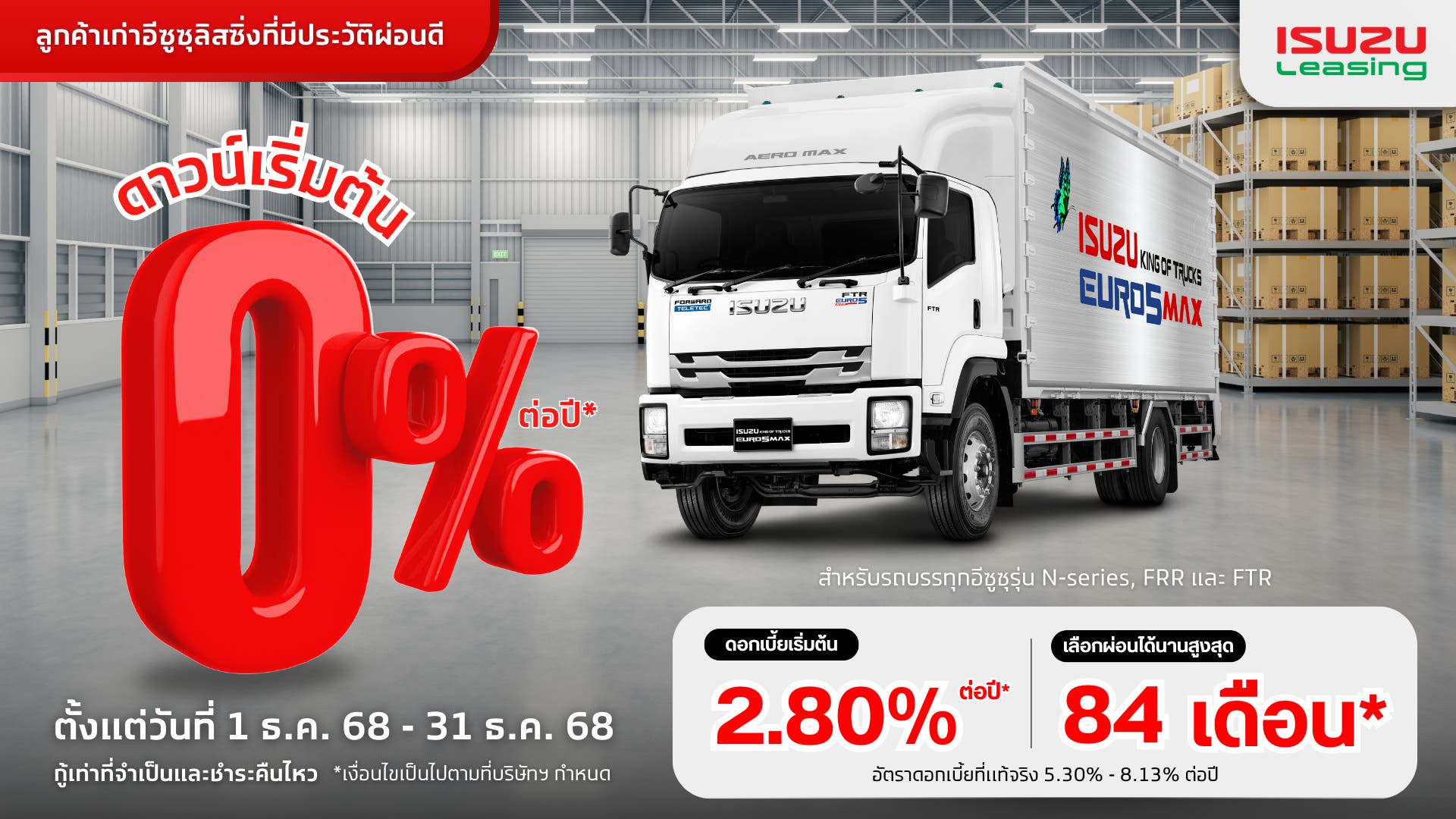 ดาวน์เริ่มต้น 0% ต่อปี สำหรับลูกค้าเก่ารถบรรทุกอีซูซุลิสซิ่งที่มีประวัติการผ่อนชำระดี