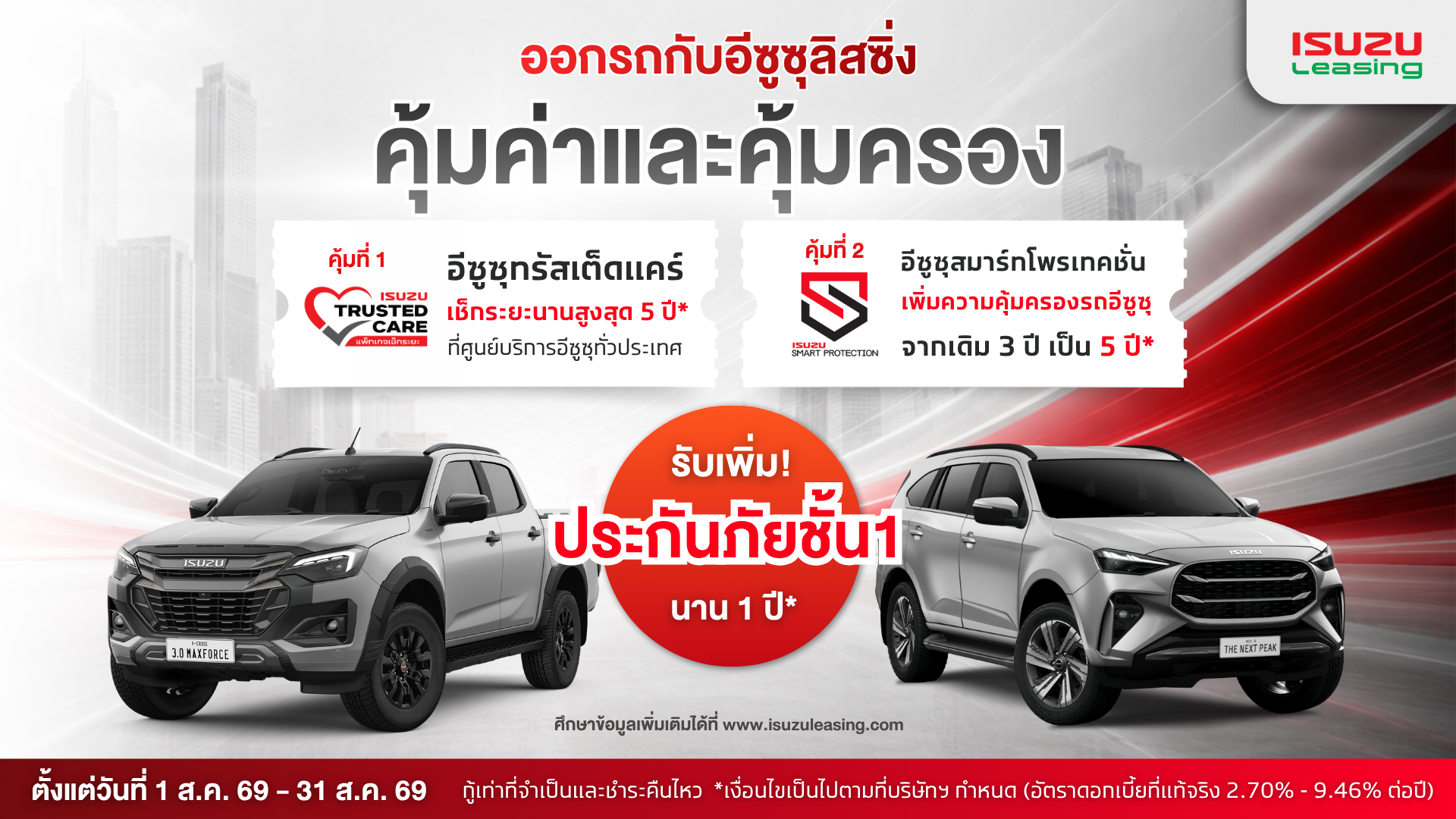 คุ้มค่าและคุ้มครอง เมื่อออกรถปิกอัพอีซูซุดีแมคซ์ และอีซูซุมิว-เอ็กซ์ กับอีซูซุลิสซิ่ง 