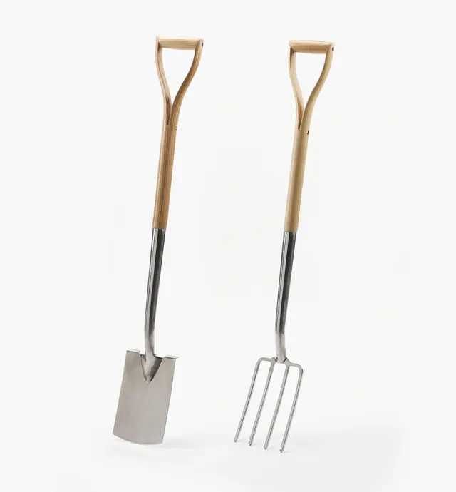 image of Bêche et fourche à bêcher en acier inoxydable à manche en bois