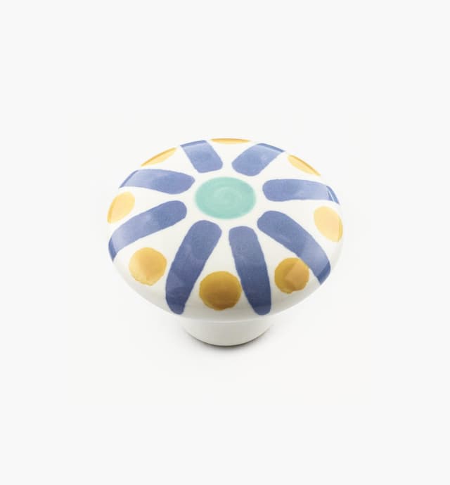 image of Blue Sunburst Painted Ceramic Knobs