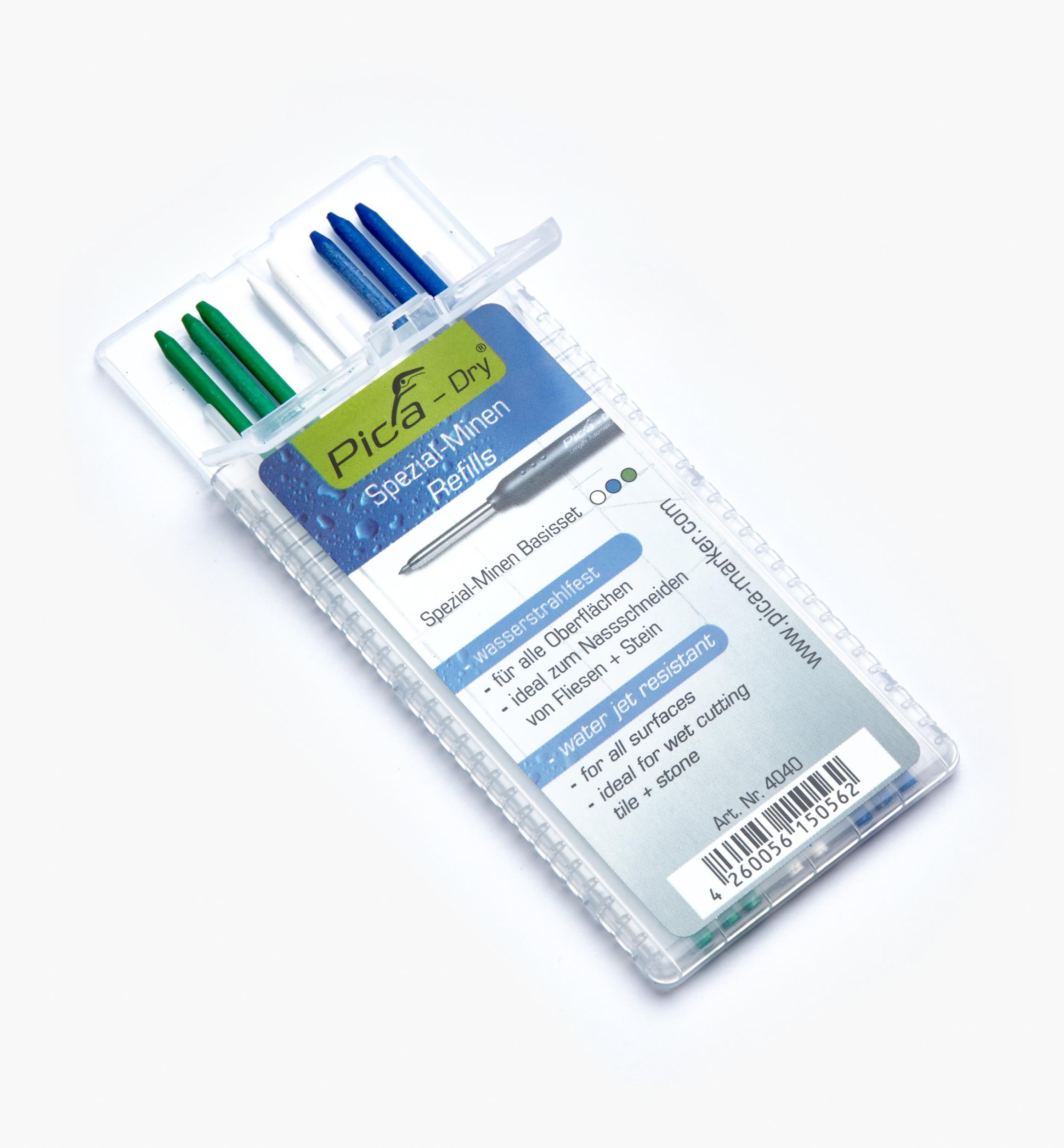 Vasalat Pica Dry - Lot De Mines De Rechange Pour Crayon De Marquage - 10 Mines H (Bois) + 8 Mines Résistantes à L'Eau (Carrelage) - Bleu/Blanc/Vert