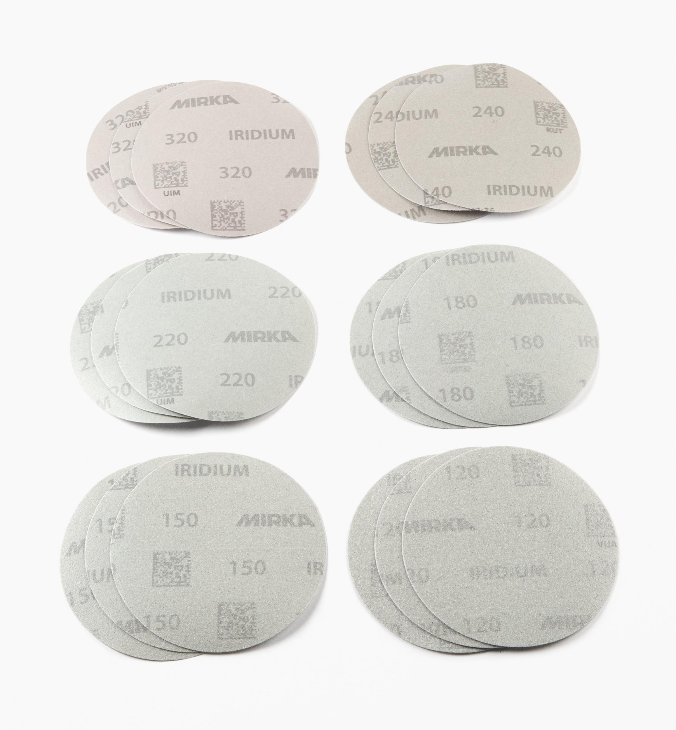 Assortiment de 18 disques abrasifs autoagrippants Mirka Iridium, 5 po, sans trous