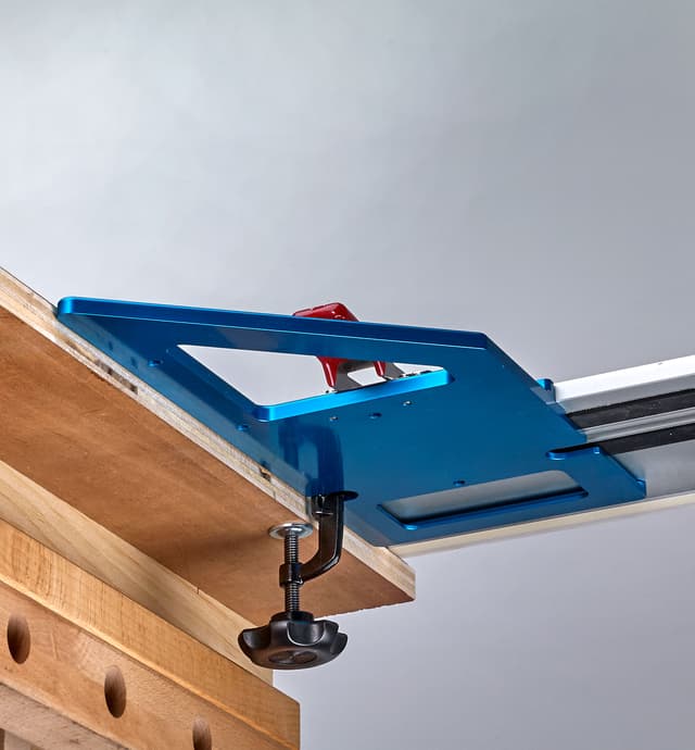 Bottom view of a GRS-16 guide rail square on a guide rail, showing the slot to accommodate a clamp