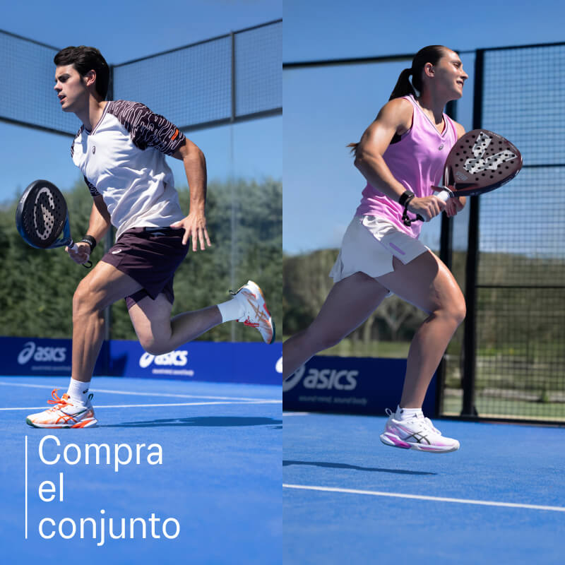 Two athletes playing tennis wearing ASICS shoes