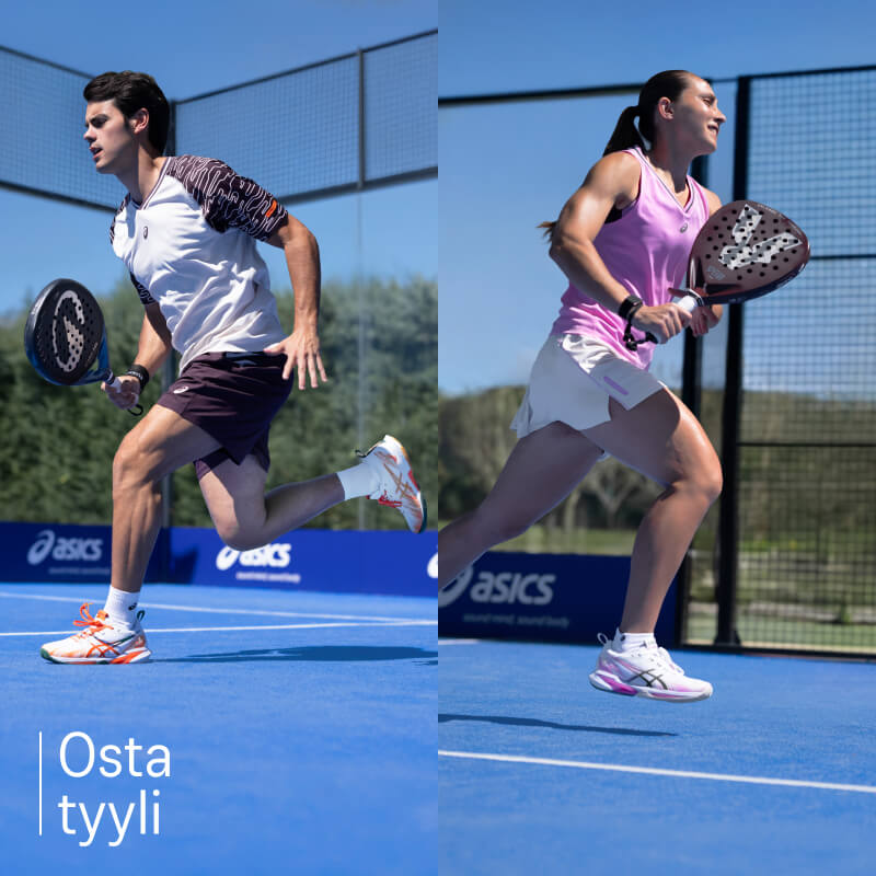 Two athletes playing tennis wearing ASICS shoes