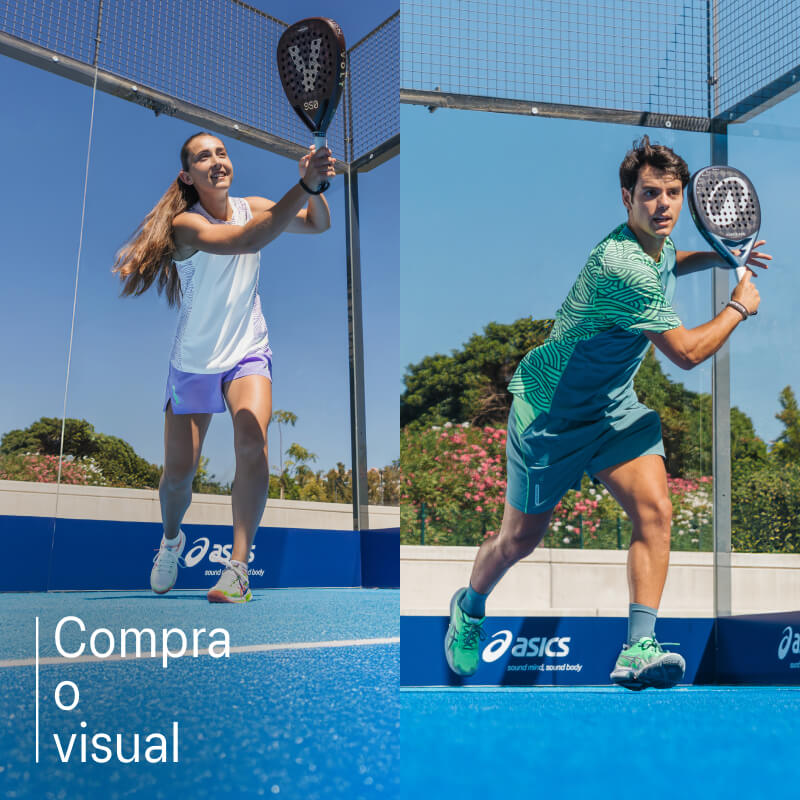 Two athletes playing tennis wearing ASICS shoes