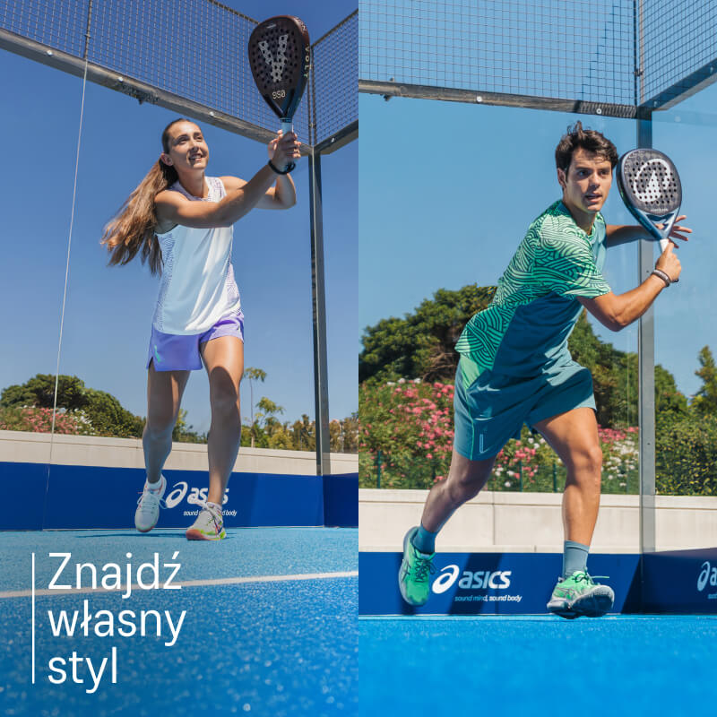 Two athletes playing tennis wearing ASICS shoes