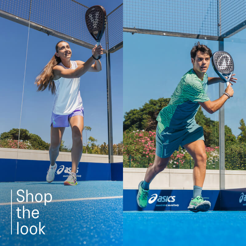Two athletes playing tennis wearing ASICS shoes