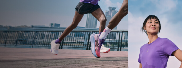 Runners wearing the new Tokyo Collection Megablast and Sonicblast and a woman on the right side wearing Tokyo Collection clothing