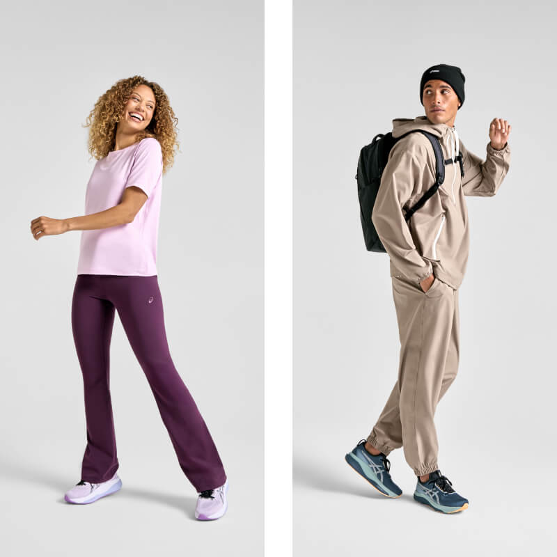 Woman and man wearing ASICS Performance Life collection