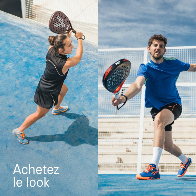Two athletes playing tennis wearing ASICS shoes