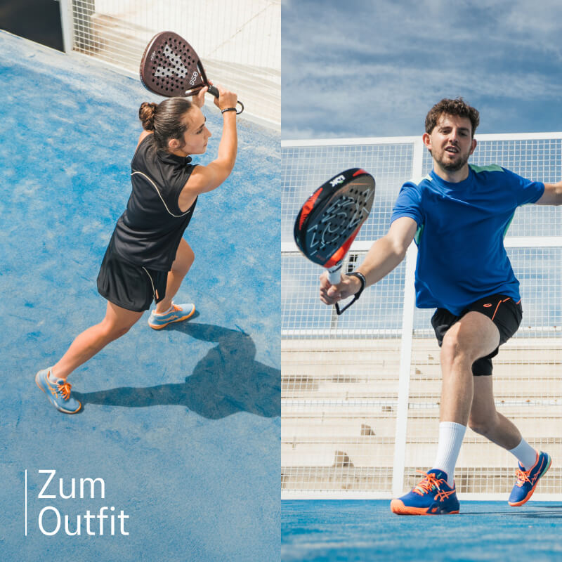 Two athletes playing tennis wearing ASICS shoes