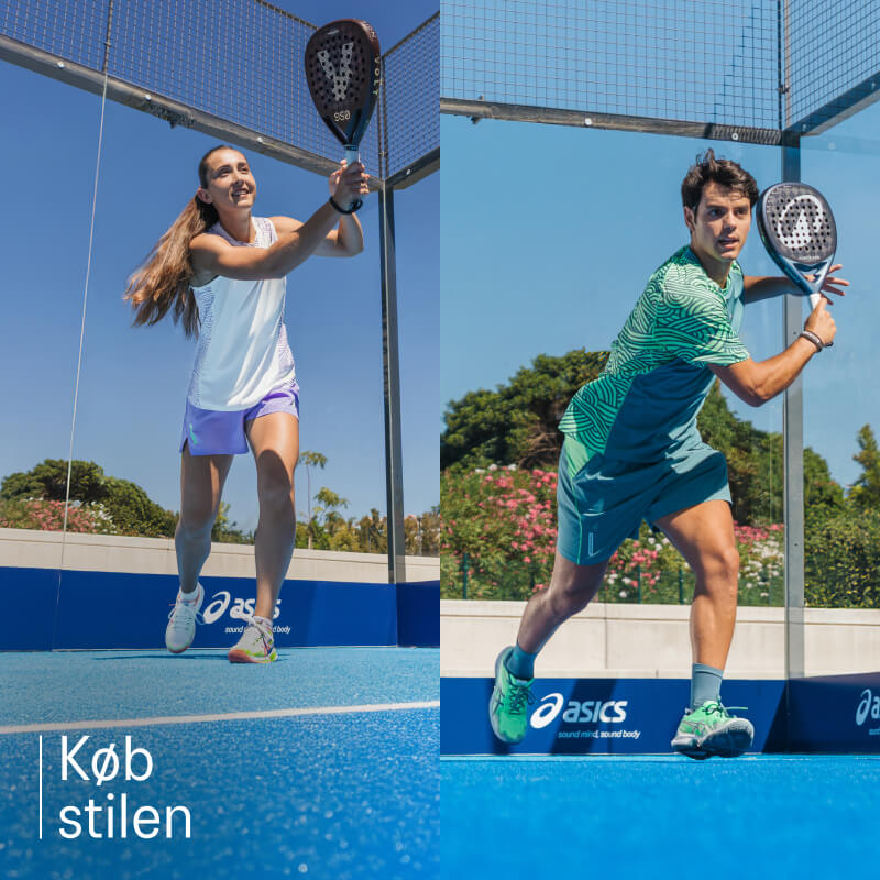 Two athletes playing tennis wearing ASICS shoes