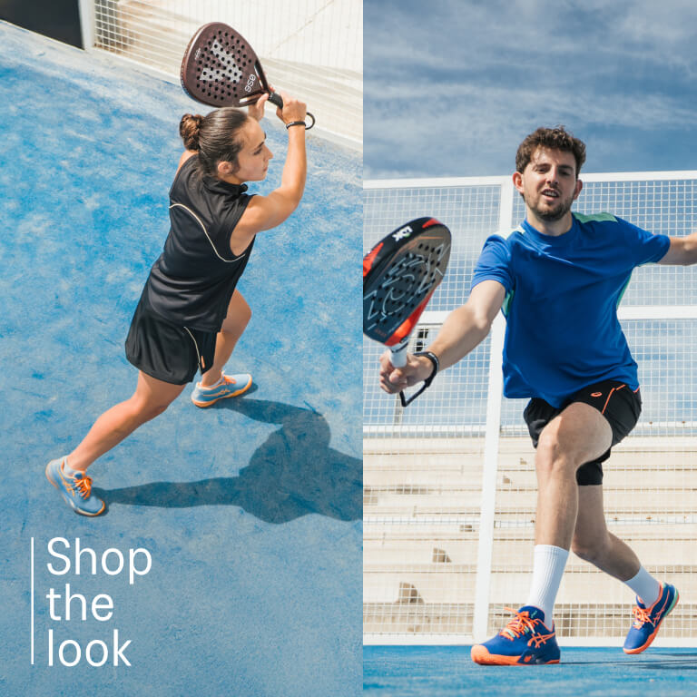 Two athletes playing tennis wearing ASICS shoes