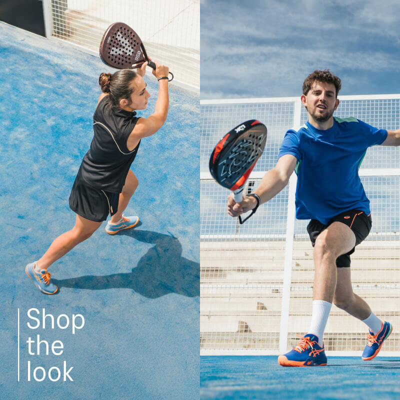 Two athletes playing tennis wearing ASICS shoes