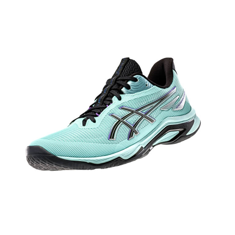 Close up on blue volleyball shoes called NETBURNER BALLISTIC