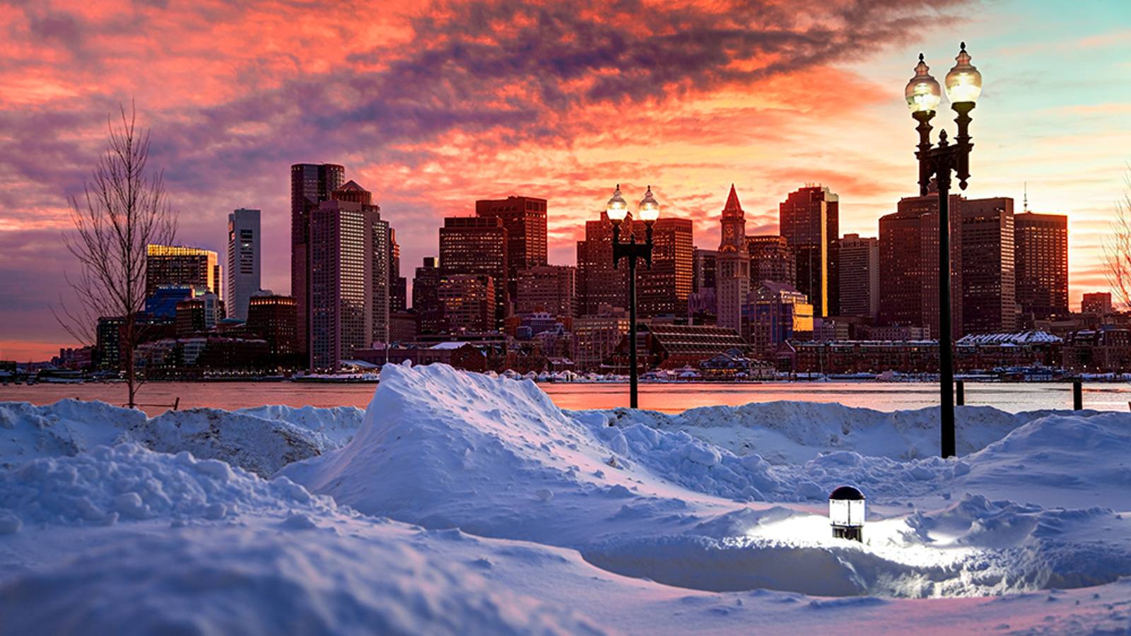 Boston skyline and parkland in winter snow
