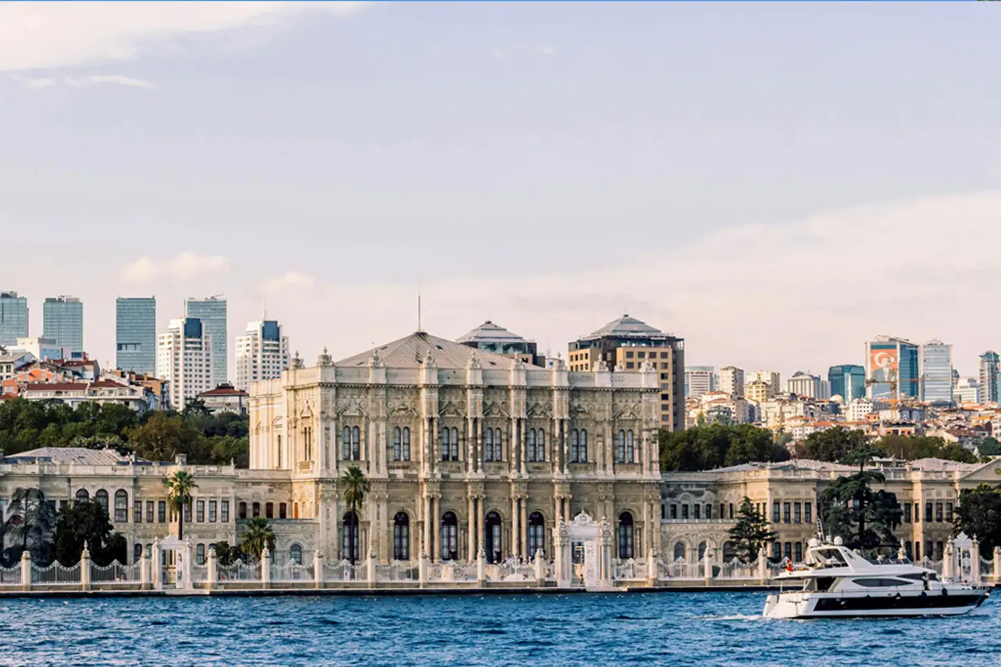 Luxury yacht sailing the Bosphorus between Europe and Asia
