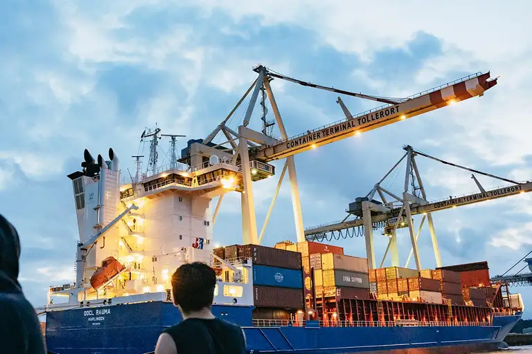 Cruise through the evening lights of Hamburg