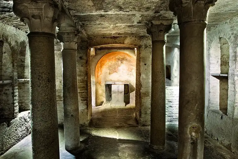 View of an altar in the catacombs, Rome