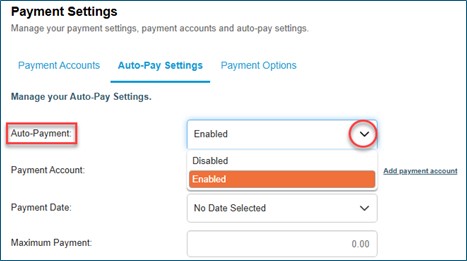 Einvoice Auto-Pay Settings, Update Disabled to Enabled in Auto-Payment field.