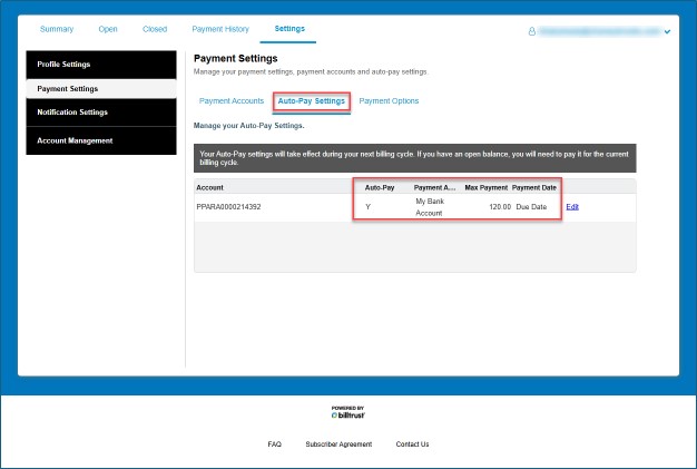 Einvoice Auto-Pay Settings, once setup is complete it will be displayed on the Auto-Pay Settings tab.