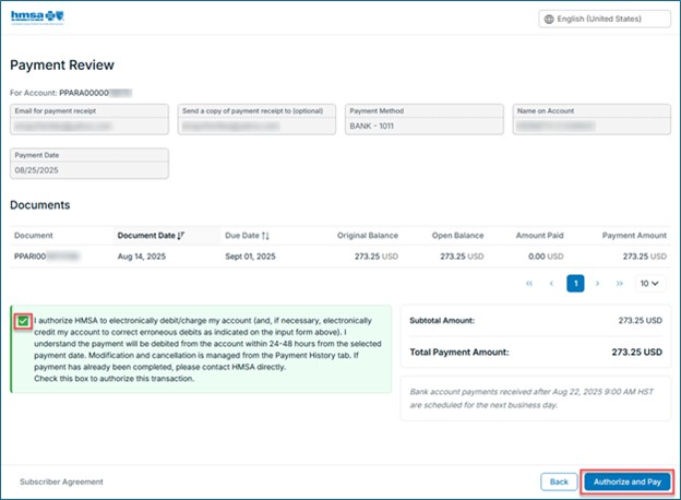 Review the payment details, check the authorization box and click the Authorize and Pay button to complete the process.