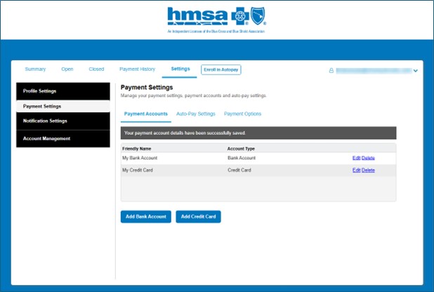 Einvoice Payment Settings, saved bank account or credit card will show under Payment Accounts section.