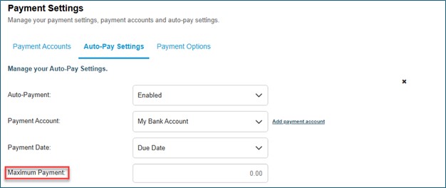 Einvoice Auto-Pay Settings, enter an amount for Maximum Payment field.