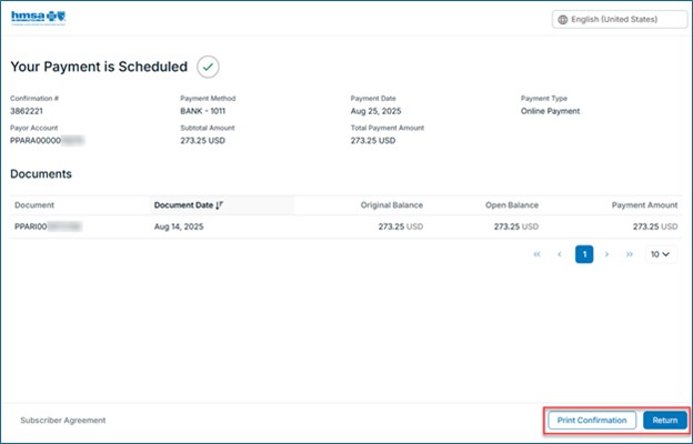 CLick the Print button to print a copy of the payment confirmation for your records or click the Return button to end your session.